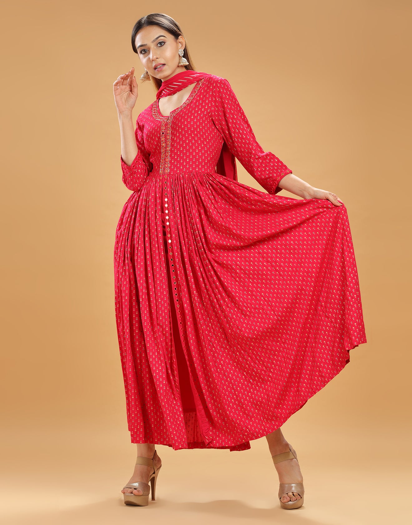 Ruby Red Printed Front Slit Kurta Set