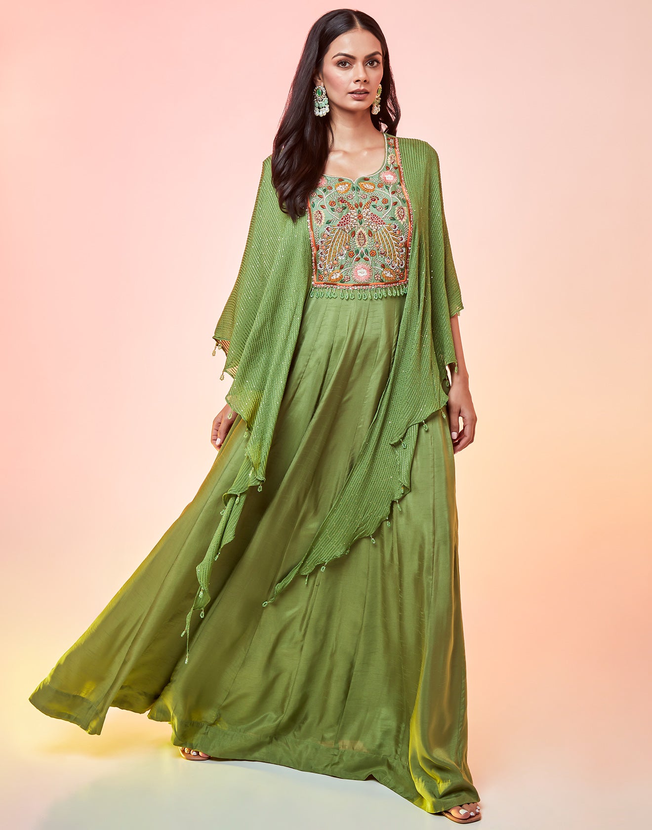 Sage Green Anarkali Suit Set With Cape Sleeves