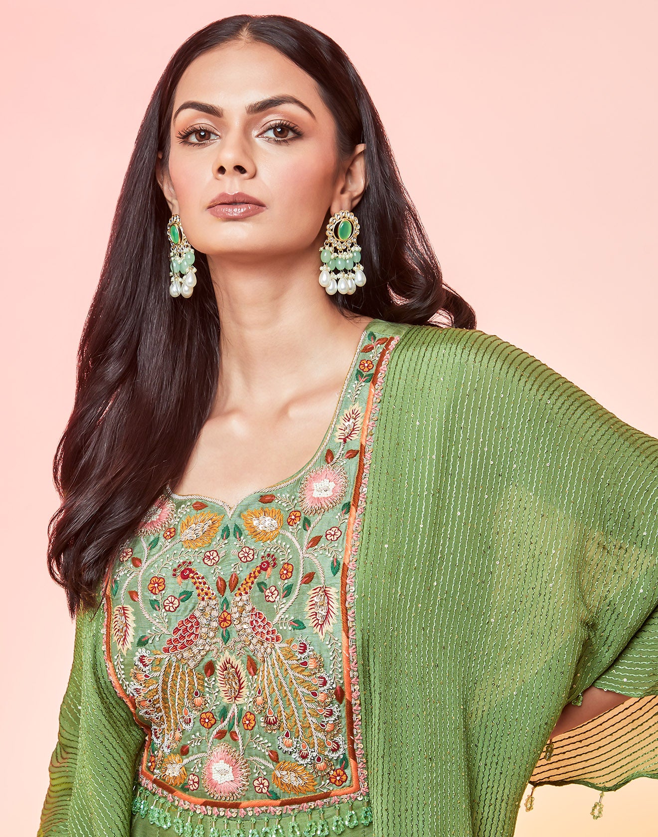 Sage Green Anarkali Suit Set With Cape Sleeves