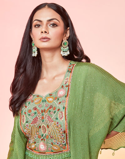 Sage Green Anarkali Suit Set With Cape Sleeves