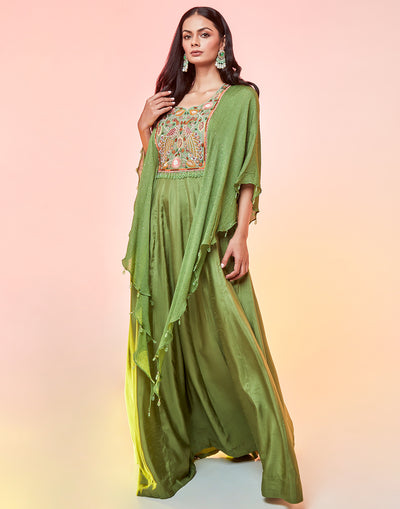 Sage Green Anarkali Suit Set With Cape Sleeves