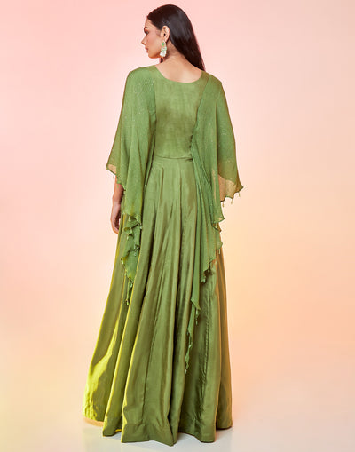 Sage Green Anarkali Suit Set With Cape Sleeves