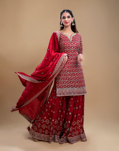 Scarlet Red Sequin Embellished Gharara Set