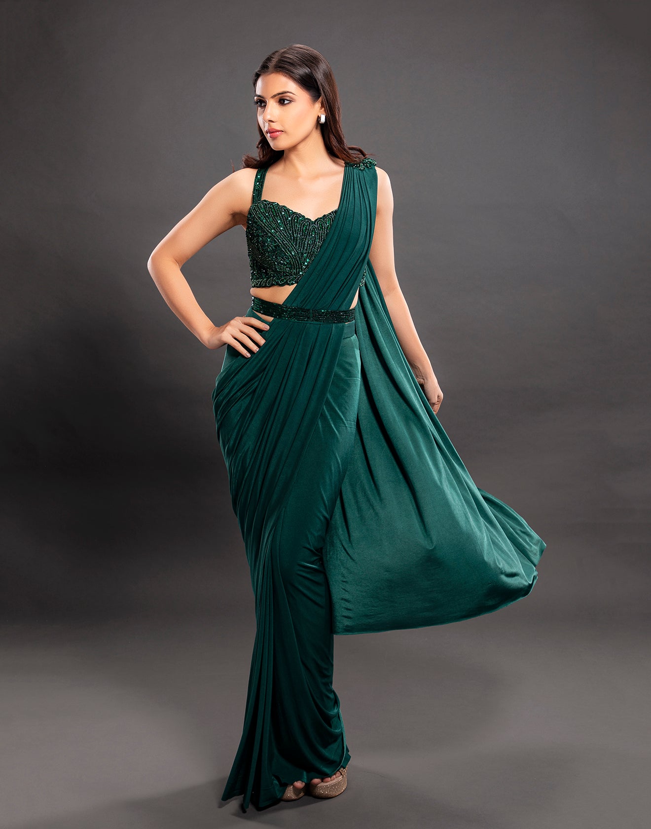 Sea Green Elegant Pre-stitched Saree