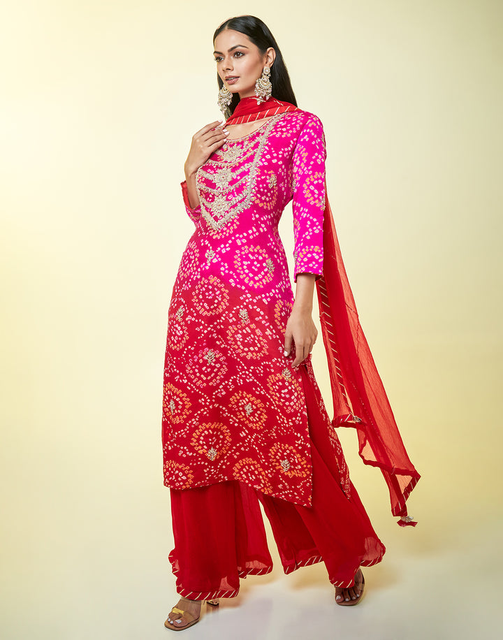 Buy Shaded hot pink and brick red bandhani palazzo suit set – Roopkala