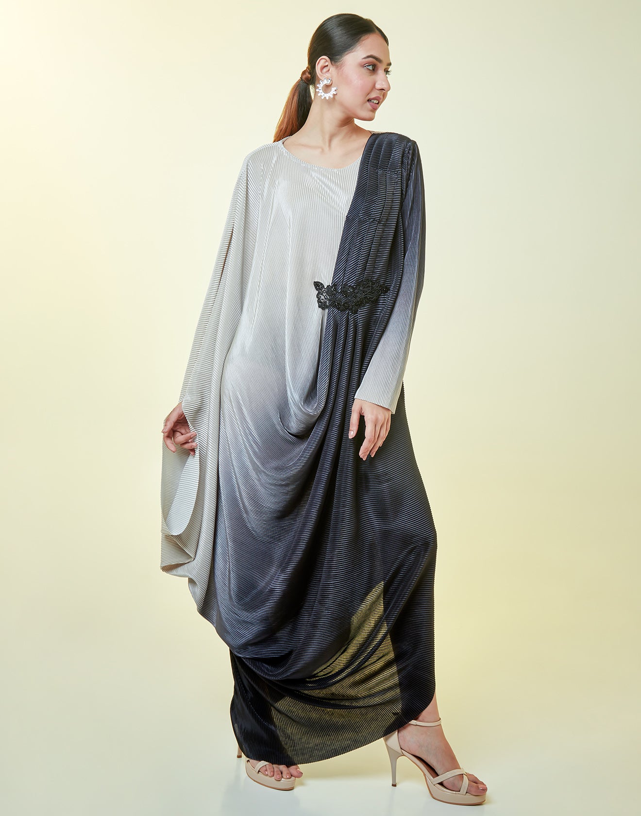 Shaded Matte Gray Asymmetrical Gown With Hand Embroidered Waistband