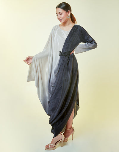 Shaded Matte Gray Asymmetrical Gown With Hand Embroidered Waistband