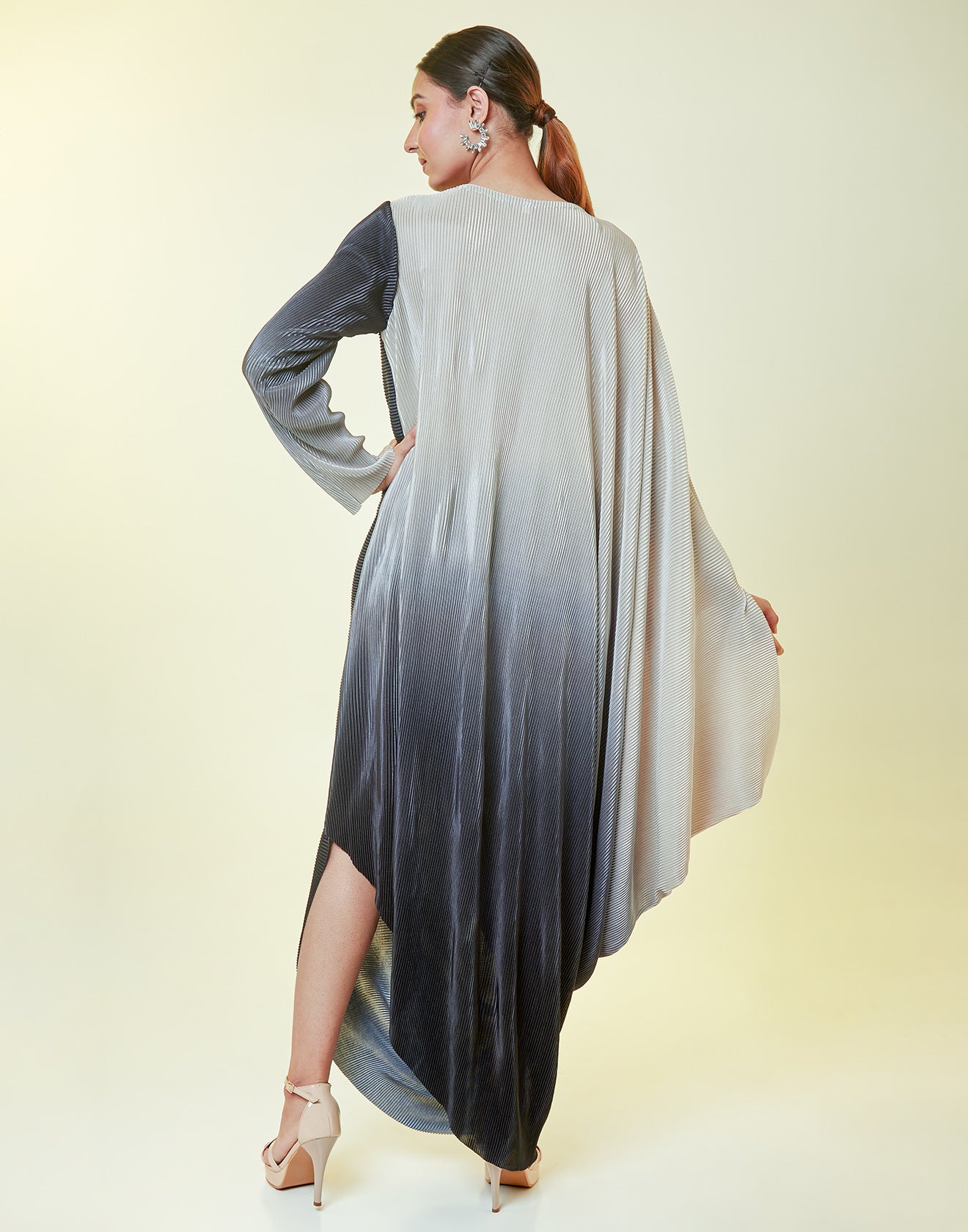 Shaded Matte Gray Asymmetrical Gown With Hand Embroidered Waistband