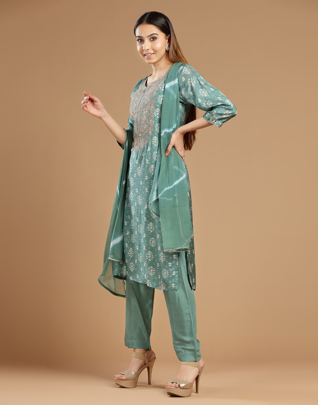 Turquoise Green Bandhej Printed Festive Kurta Set