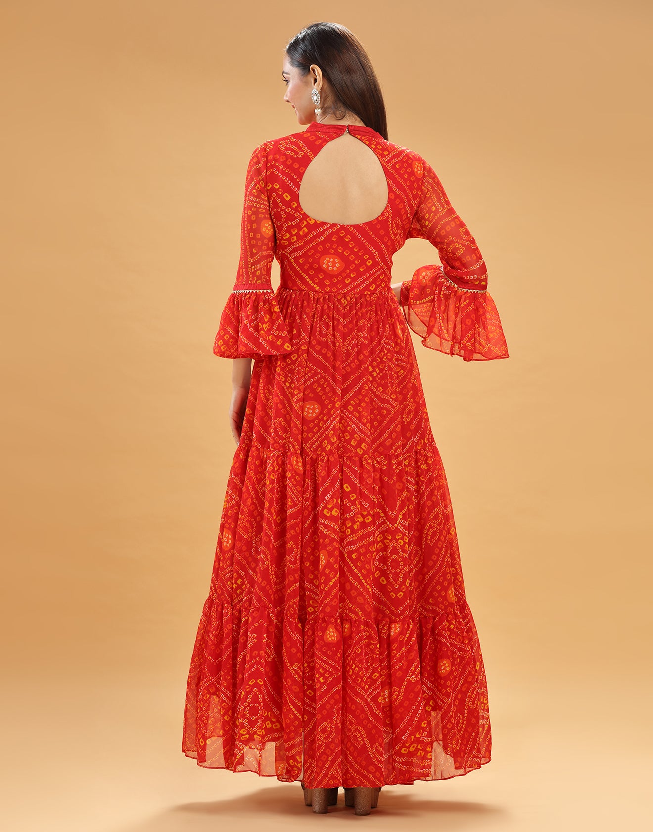 Vermillion Orange Bandhej Printed Festive Anarkali Suit set