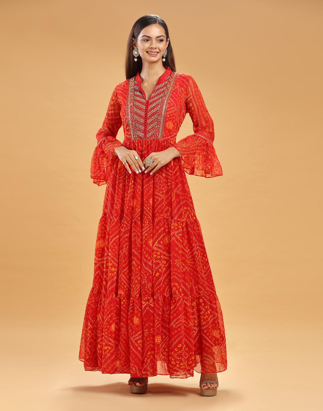 Vermillion Orange Bandhej Printed Festive Anarkali Suit set
