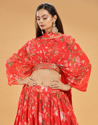 Vermillion Orange Floral Printed Lehenga Set