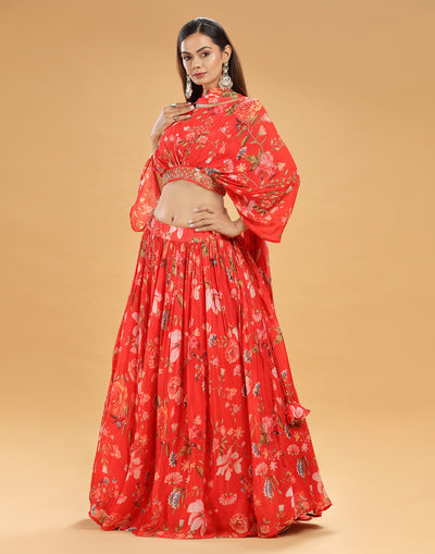 Vermillion Orange Floral Printed Lehenga Set