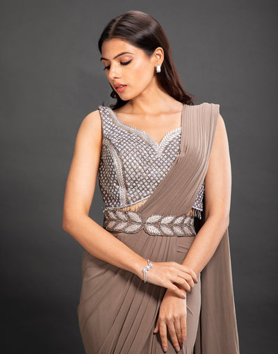 Warm Taupe Ready to Wear Saree With Embellished Belt