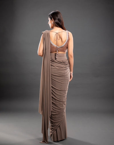 Warm Taupe Ready to Wear Saree With Embellished Belt
